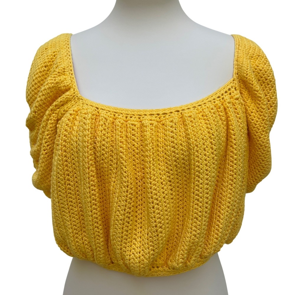 Crochet Knit Crop Top Yellow Sm/Md Puff Sleeve Summer Boho Festival Vibrant 70's - Picture 3 of 7